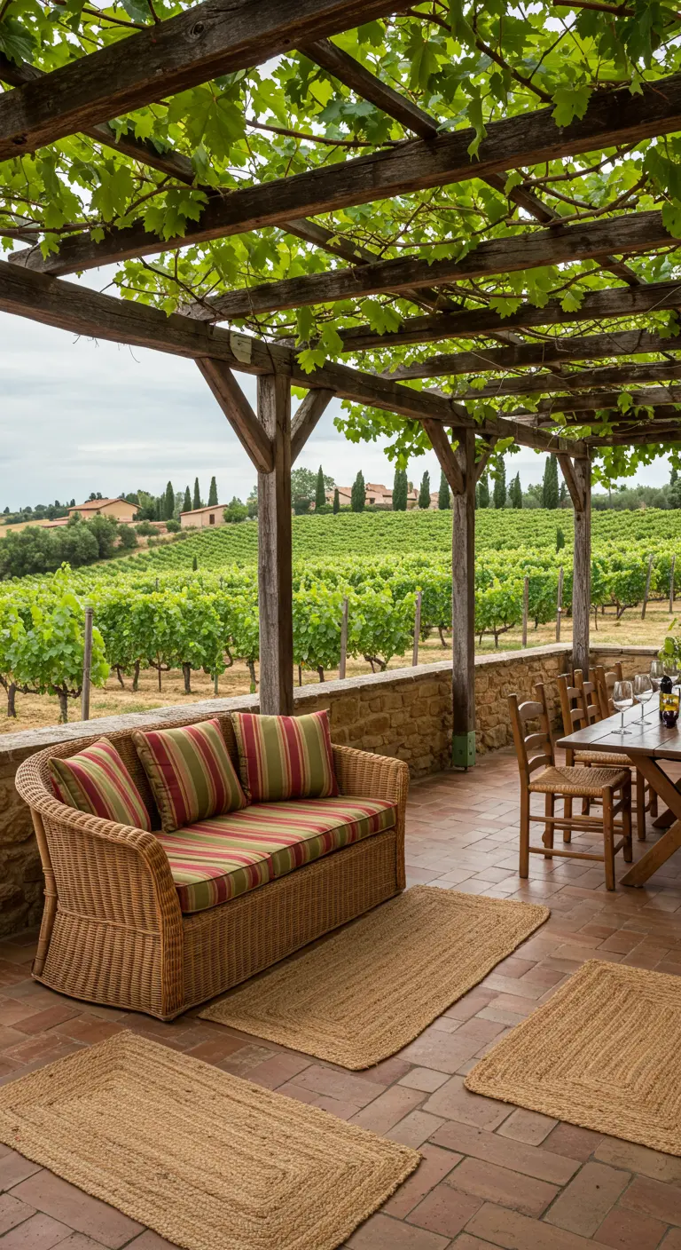 A wicker sofa with striped cushions on a terracotta patio overlooking a vineyard.