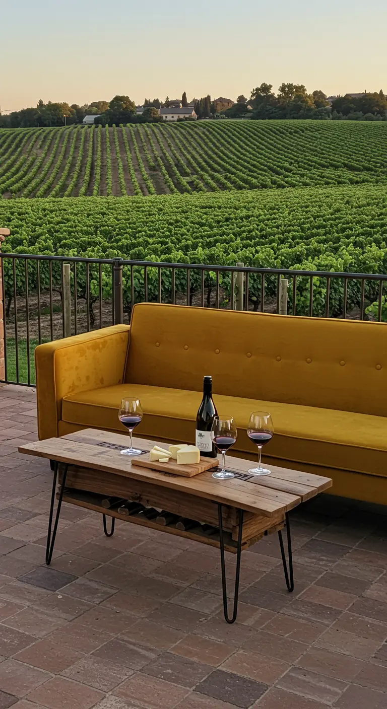 A mustard velvet sofa and a wine rack coffee table on a terrace overlooking a vineyard.