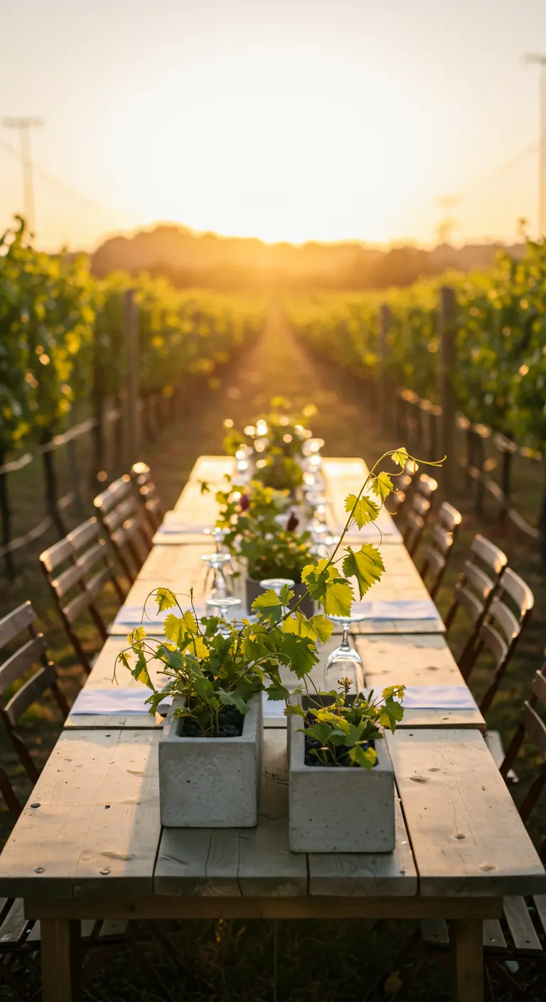 Square concrete planters with grapevines on a long table in a vineyard at sunset.