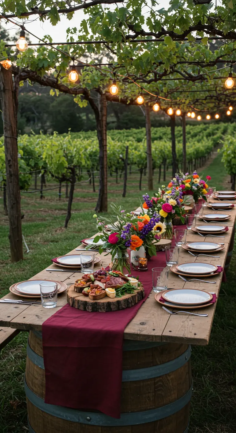 A long table in a vineyard with a burgundy runner and a charcuterie board.