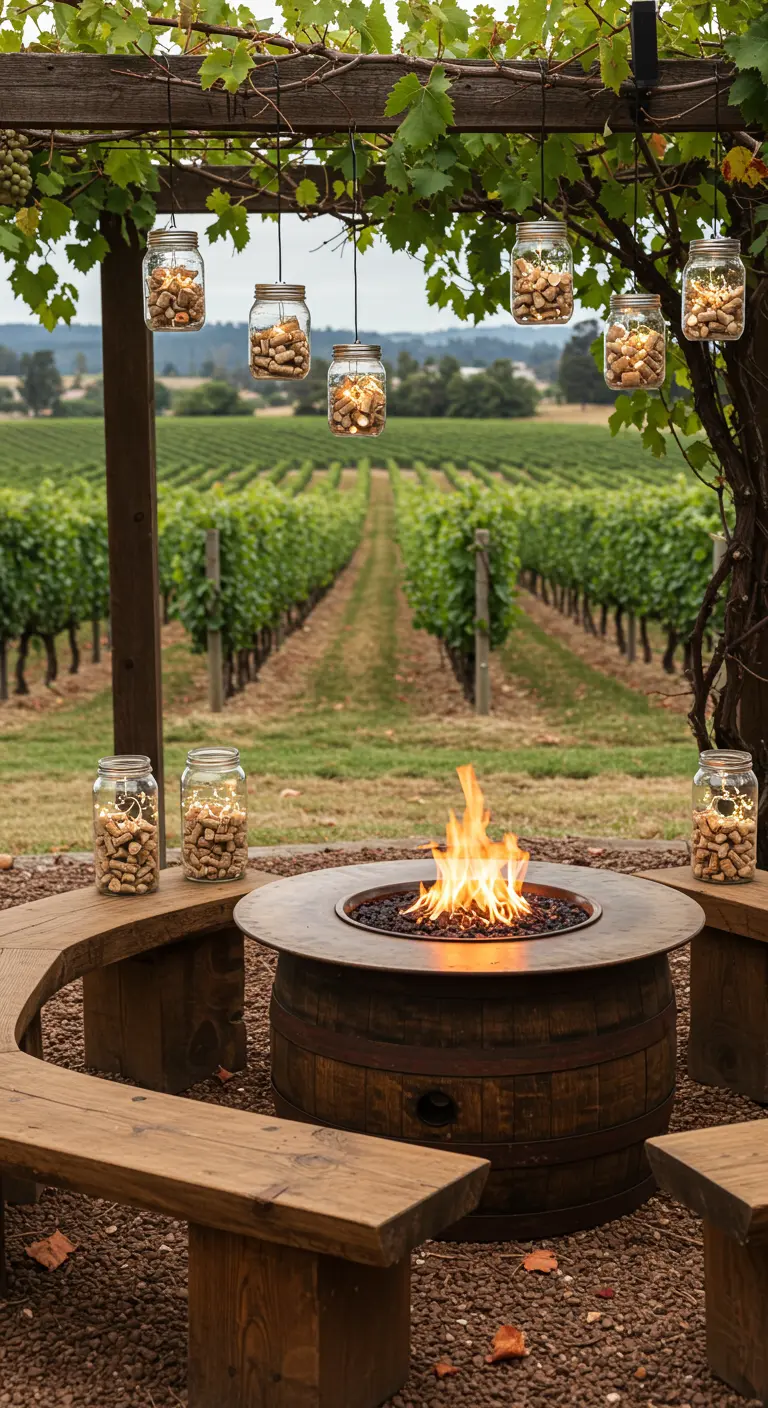 A fire pit in a vineyard with curved benches and mason jars filled with wine corks and lights.