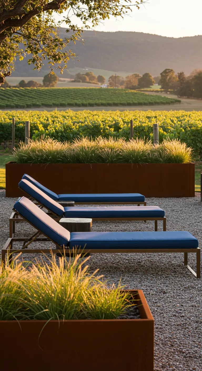Blue chaise lounges on a gravel patio overlooking a vineyard, with grasses in Corten steel planters.