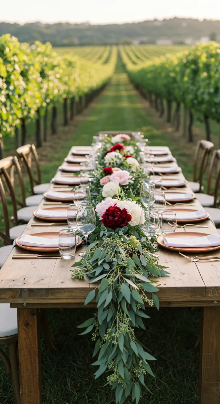 Long table in a vineyard with a lush eucalyptus and peony garland.
