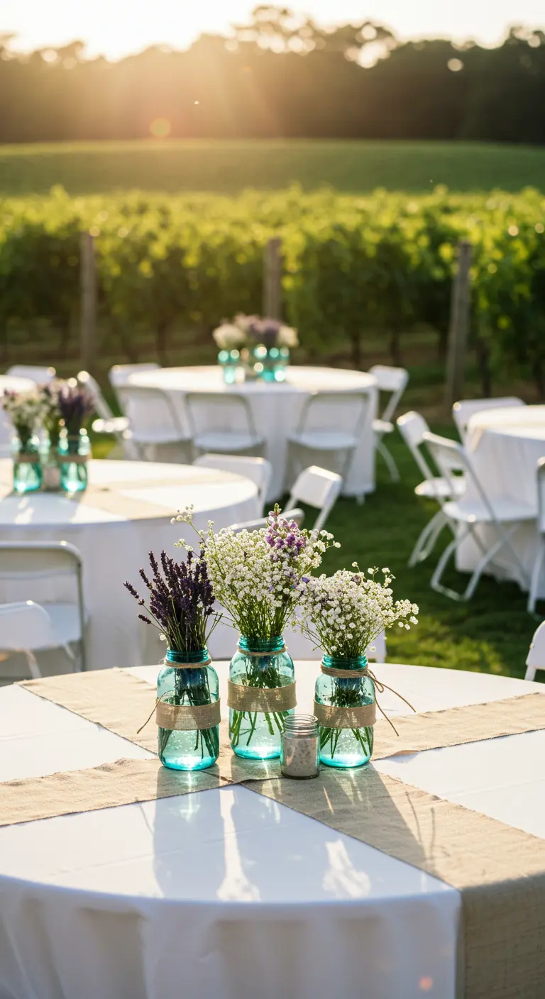 Blue Mason jars with lavender and baby's breath on a white table at a vineyard wedding.