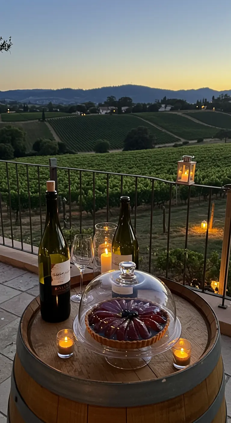 A wine barrel table on a terrace overlooking a vineyard, with a fruit tart, wine, and candles.