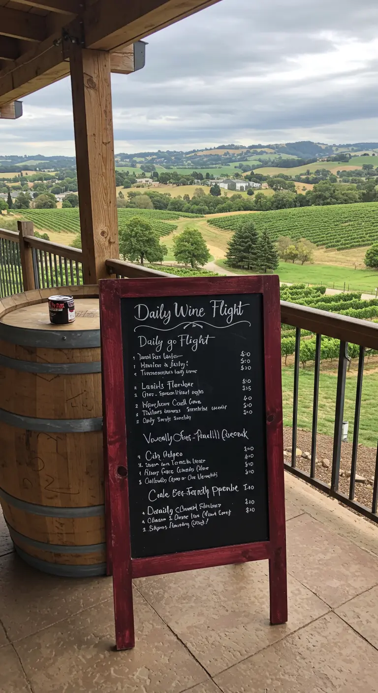 A wine flight menu on a chalkboard easel on a winery balcony.