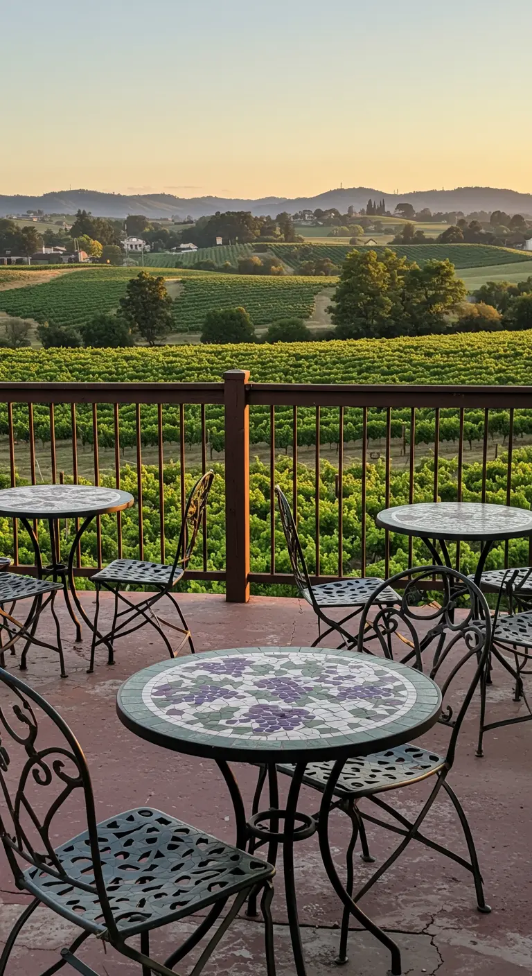 Wrought-iron bistro sets with grape mosaic tabletops on a terrace overlooking a vineyard.