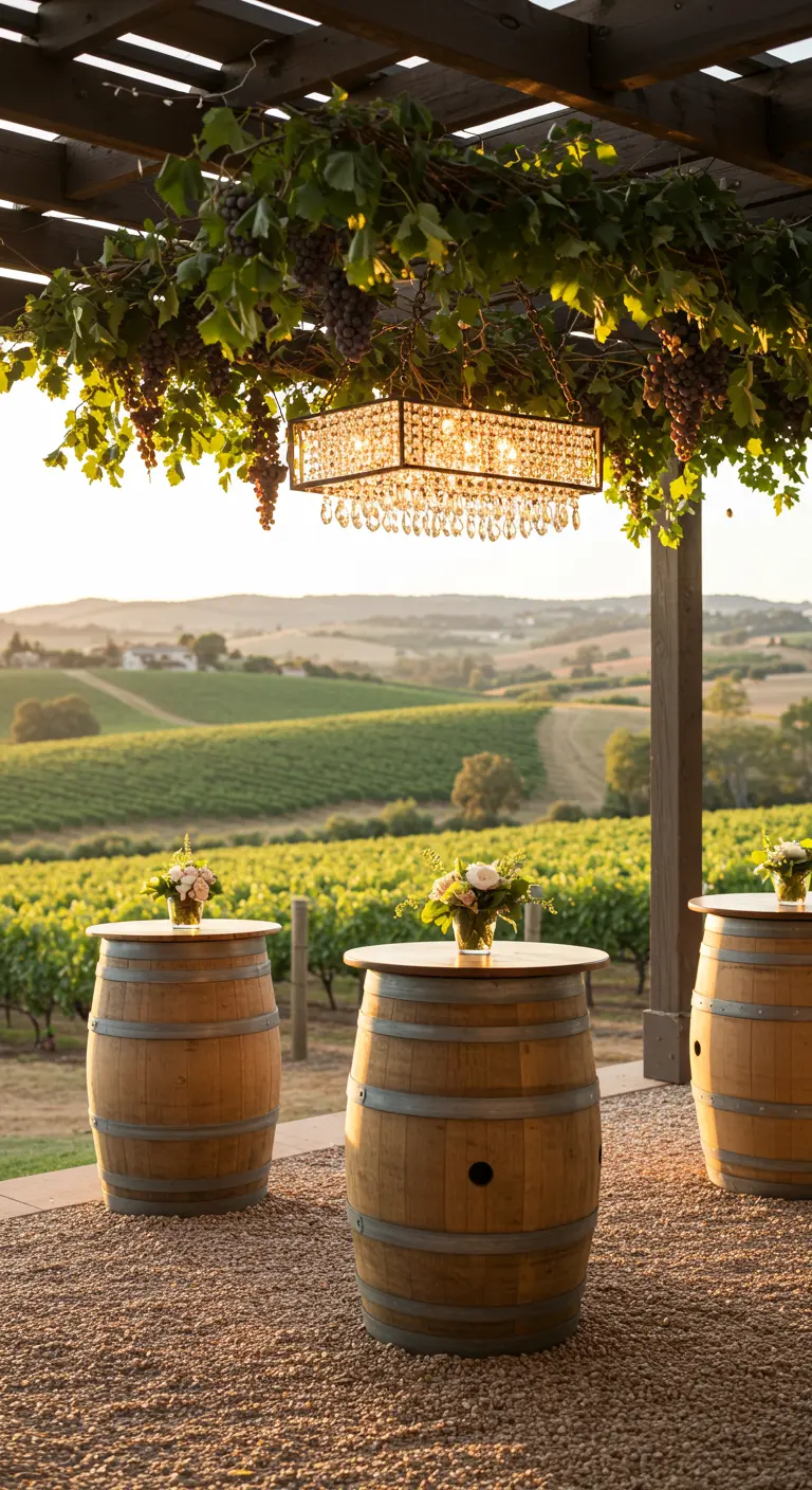 A rectangular crystal chandelier wrapped in grape vines on a vineyard patio.