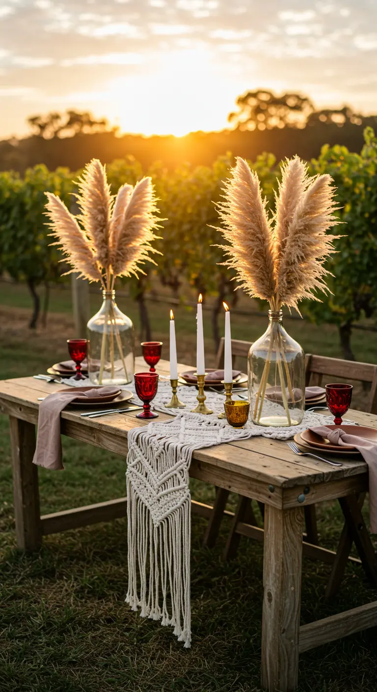 Sunset dinner table in a vineyard with a macramé runner and red glassware.
