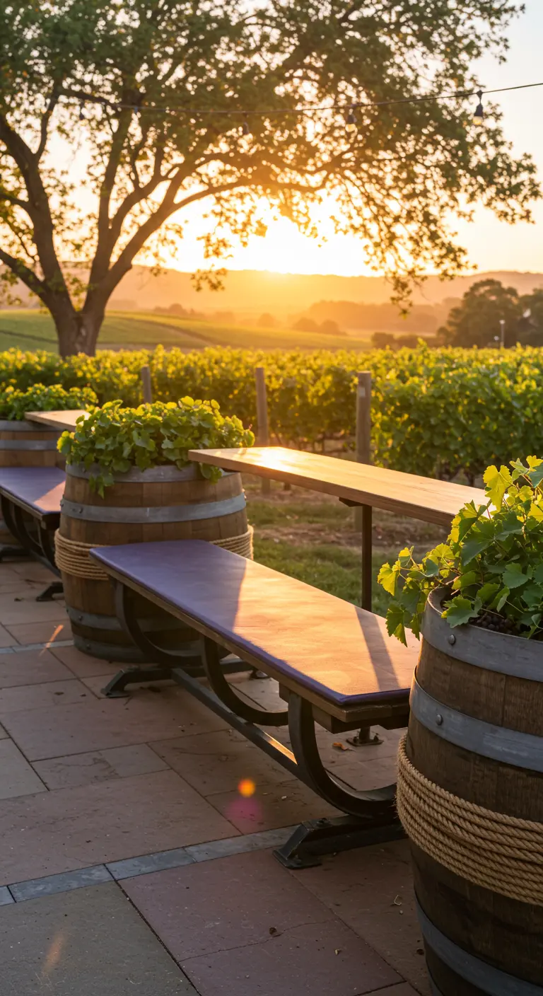 Benches made with wine barrels as planters and supports, overlooking a vineyard at sunset.