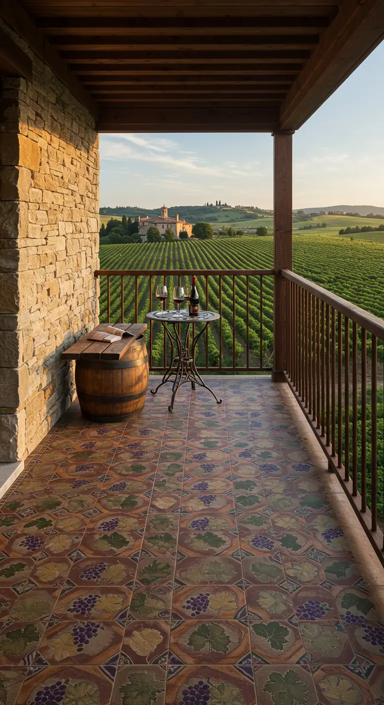 A balcony overlooking a vineyard with grape-patterned tiles and a wine barrel for seating.