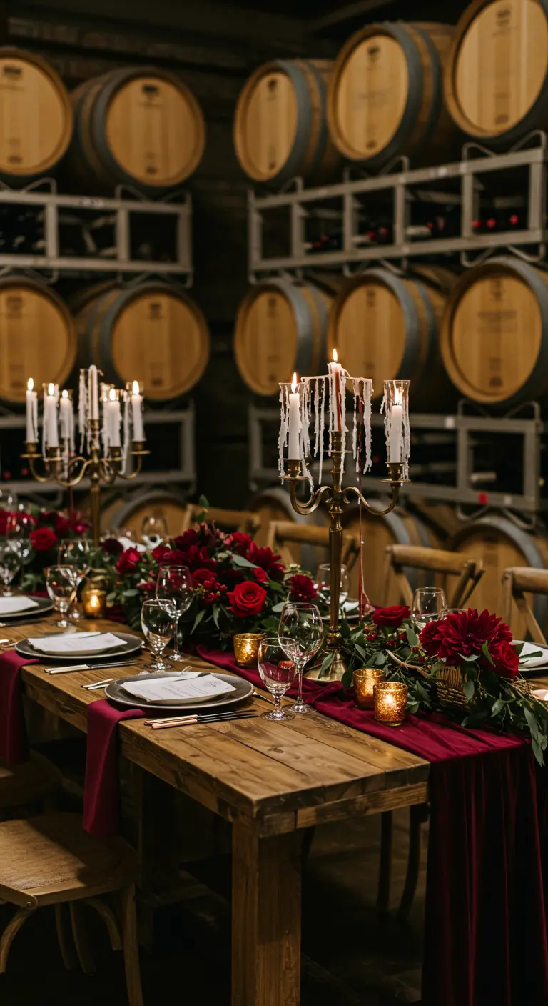 Rustic wedding table in a winery with red roses and candelabras covered in dripping wax.