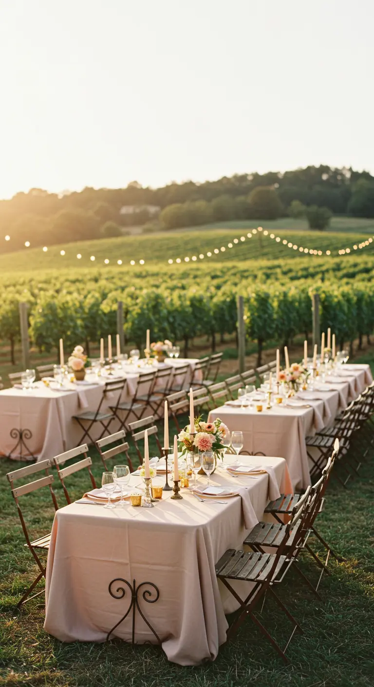 Tables with blush linens set in a vineyard at sunset, with string lights in the background.