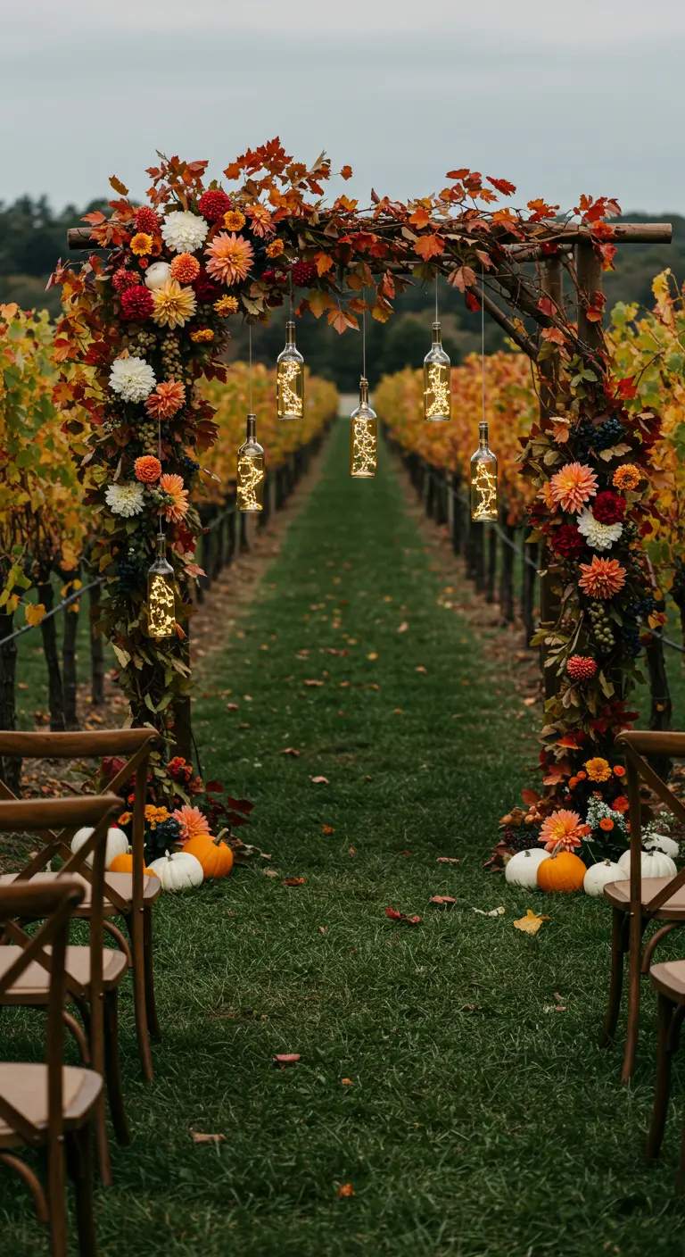 Wedding arch in a vineyard with autumn flowers and hanging wine bottles filled with lights.
