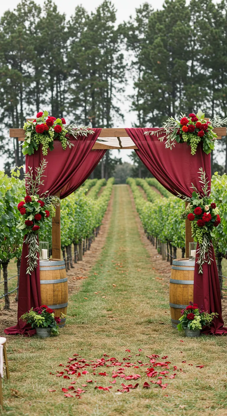 A rustic wedding arch in a vineyard, with posts resting on wine barrels.