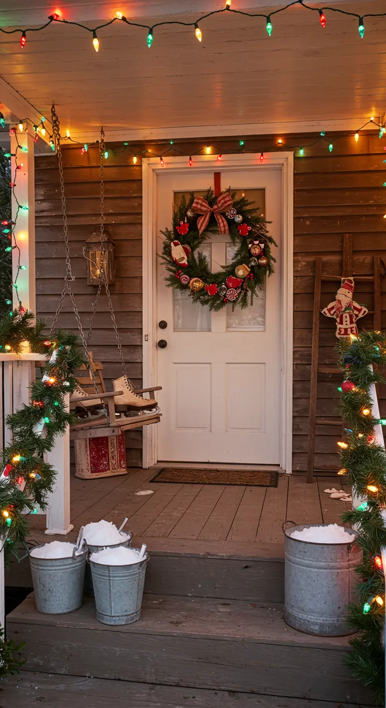 A rustic porch decorated with colorful string lights, a wreath, and vintage ice skates.