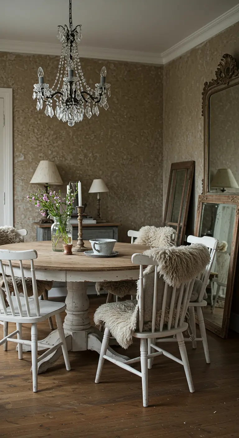 Rustic round oak dining table with white chairs draped in sheepskin, a crystal chandelier, and distressed mirrors.