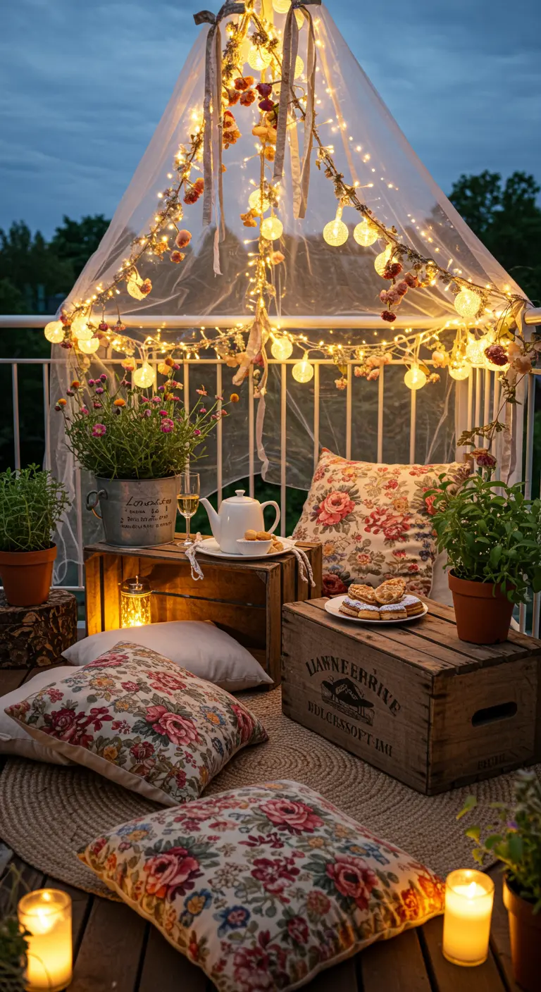 Balcony with a light canopy, wooden crates, floral cushions, and potted plants.