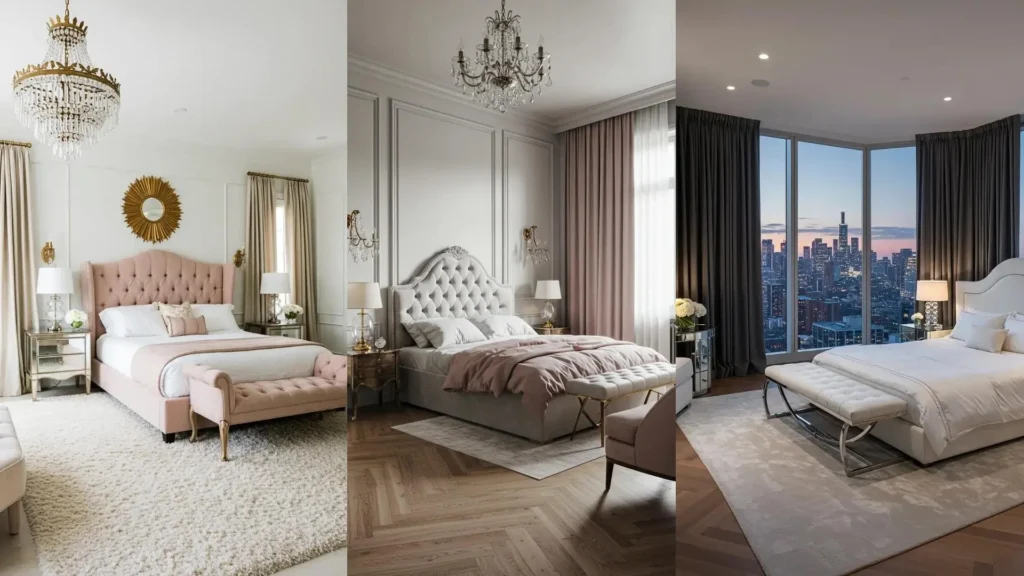 Three glam vintage Hollywood Regency bedrooms with curved headboards and luxe drapes.