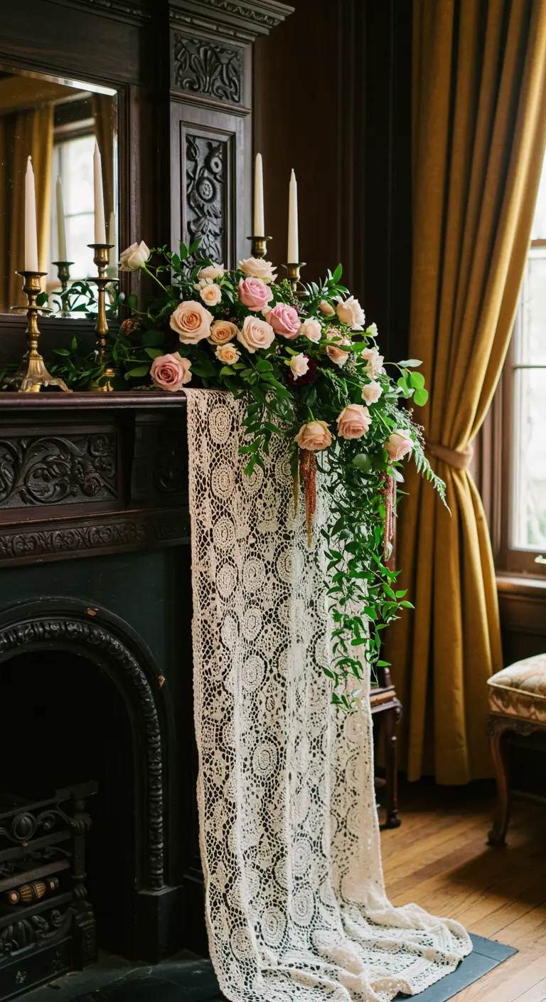 Dark wood mantel with a cascading arrangement of pink roses and a long crochet lace runner.