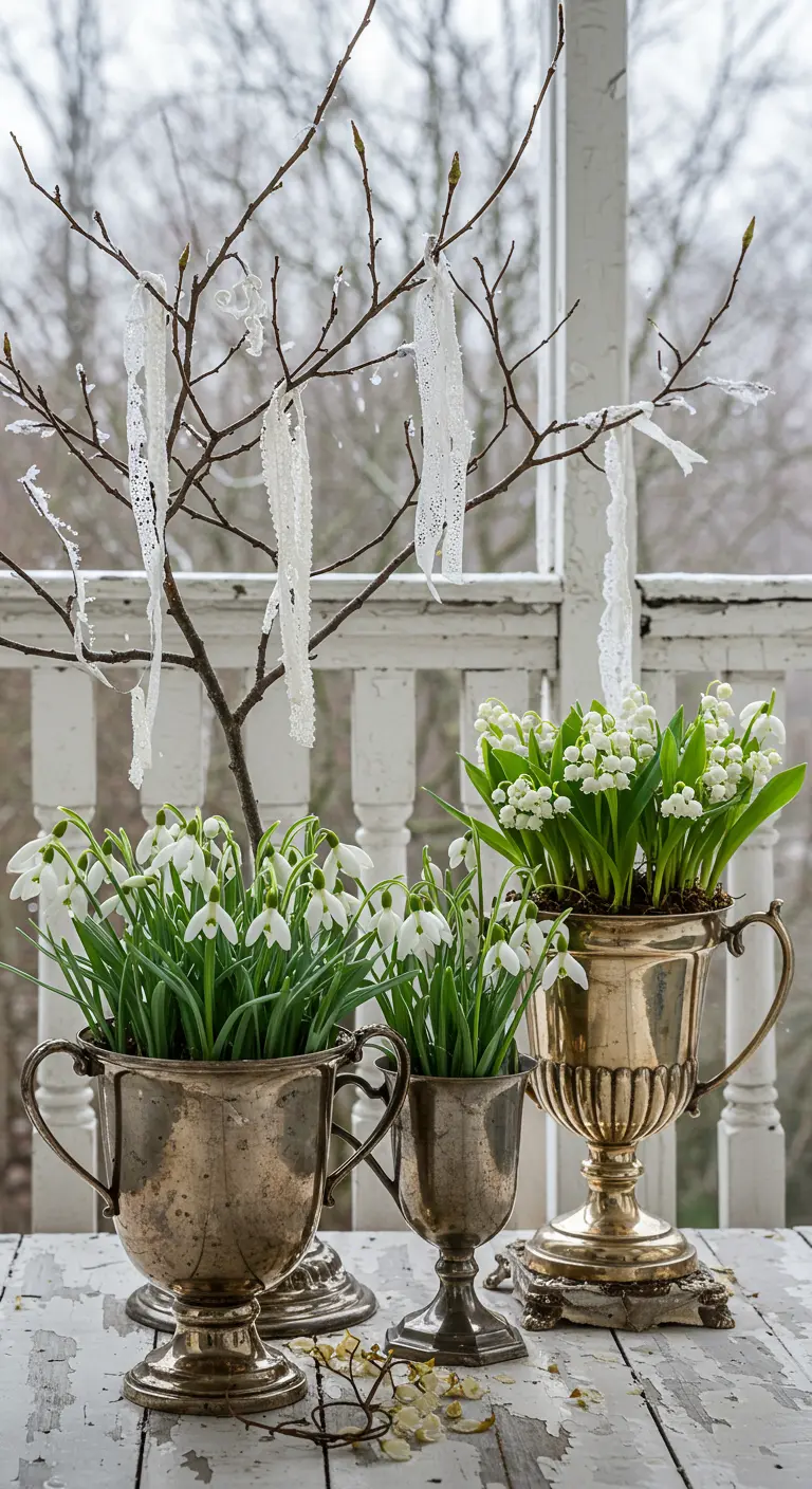 Vintage silver goblets filled with snowdrops and lily of the valley, with lace tied to branches.
