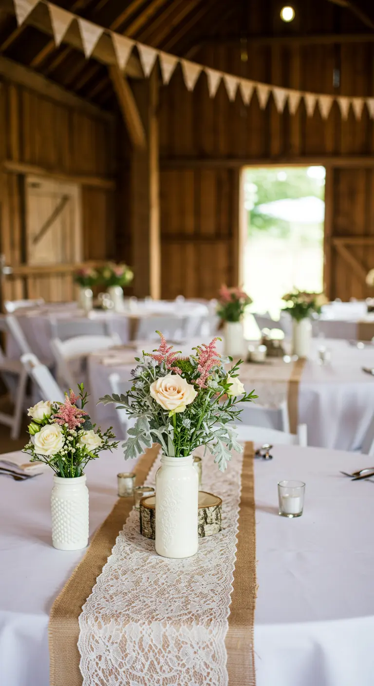 Milk glass vases with pink and white flowers on a lace and burlap runner.