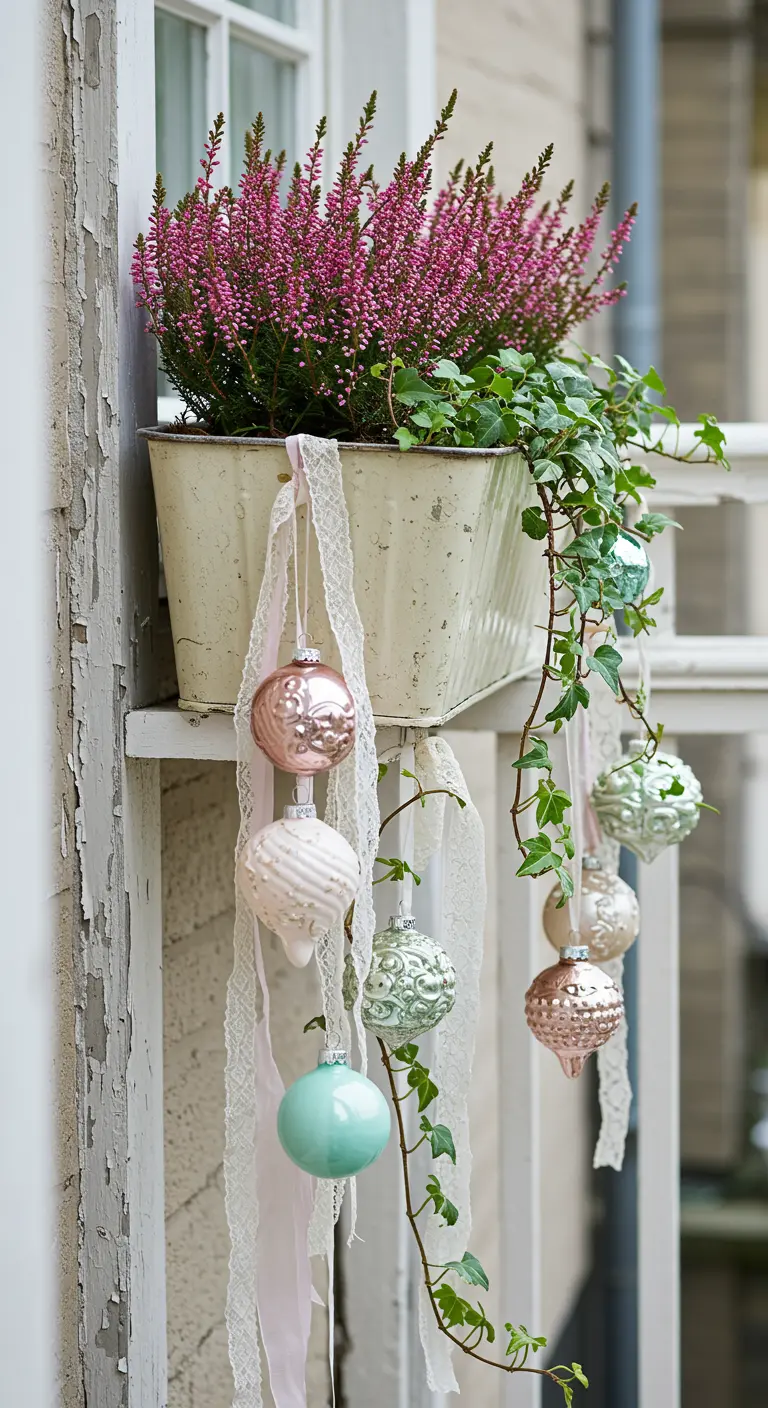 A vintage cream planter with pink heather, ivy, and pastel baubles tied with lace.