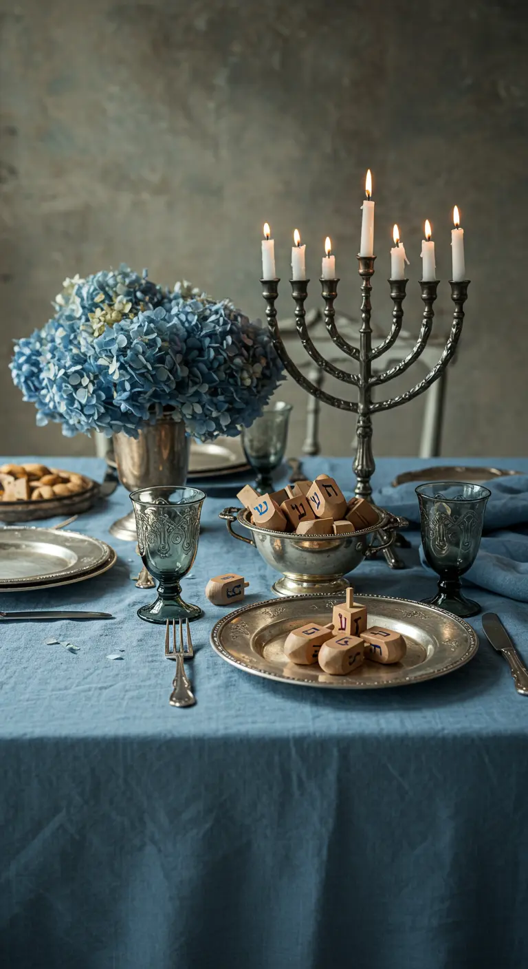 A vintage-style Hanukkah table with dusty blue linens, pewter plates, and blue hydrangeas.