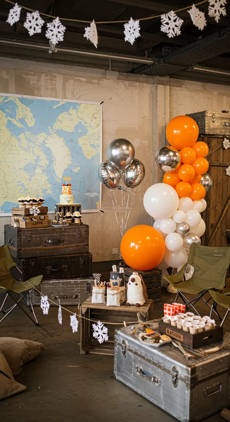 A polar explorer themed party with vintage trunks, a map, and orange and silver balloons.