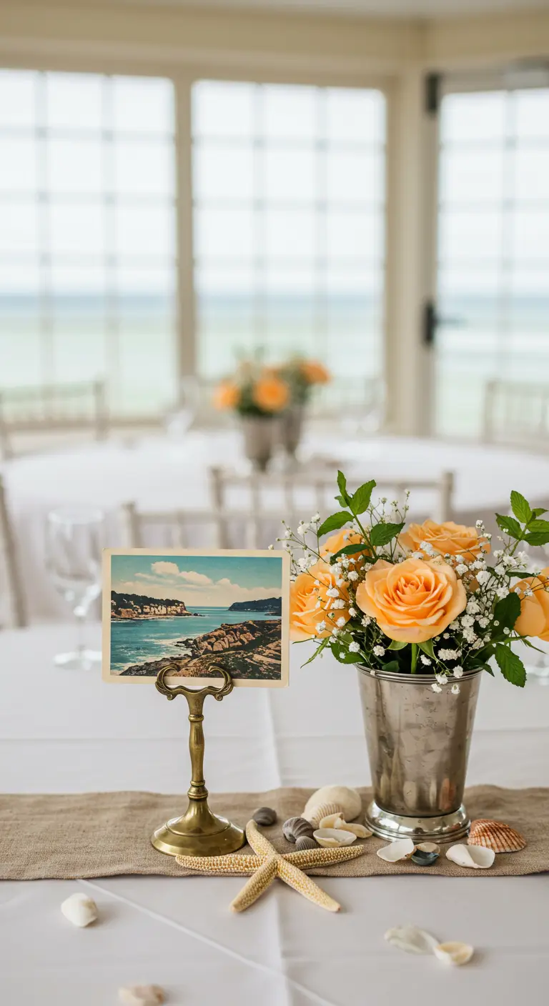 A silver cup of roses next to a vintage coastal postcard used as a table number.