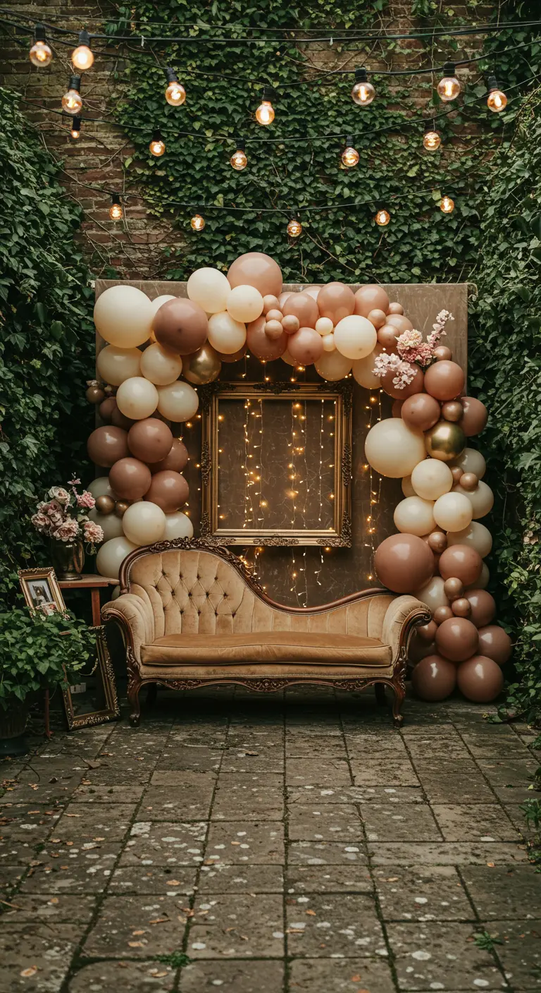 A nude and brown balloon arch with a gold frame and vintage sofa against an ivy-covered wall.