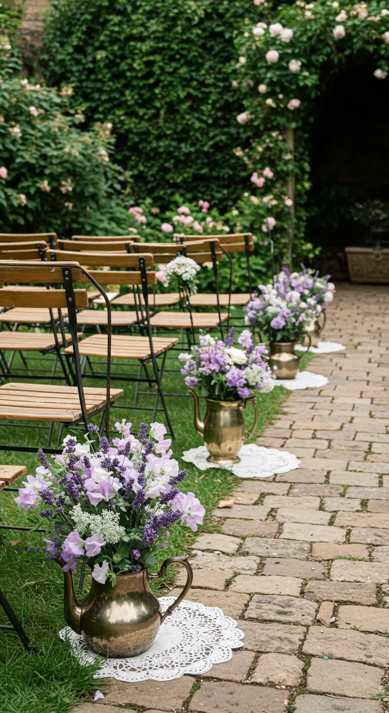 Brass teapots filled with purple and white flowers on a cobblestone path.