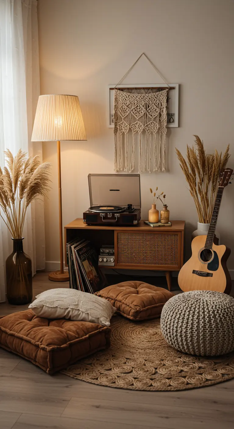 A cozy corner with a record player, pampas grass, floor cushions, and a framed macramé piece.