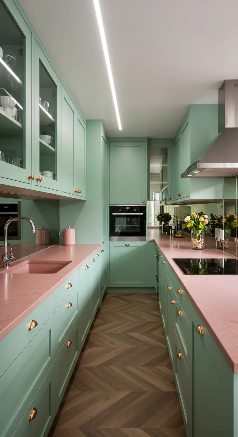 Mint green galley kitchen with a mirrored backsplash and pink countertops to create space.