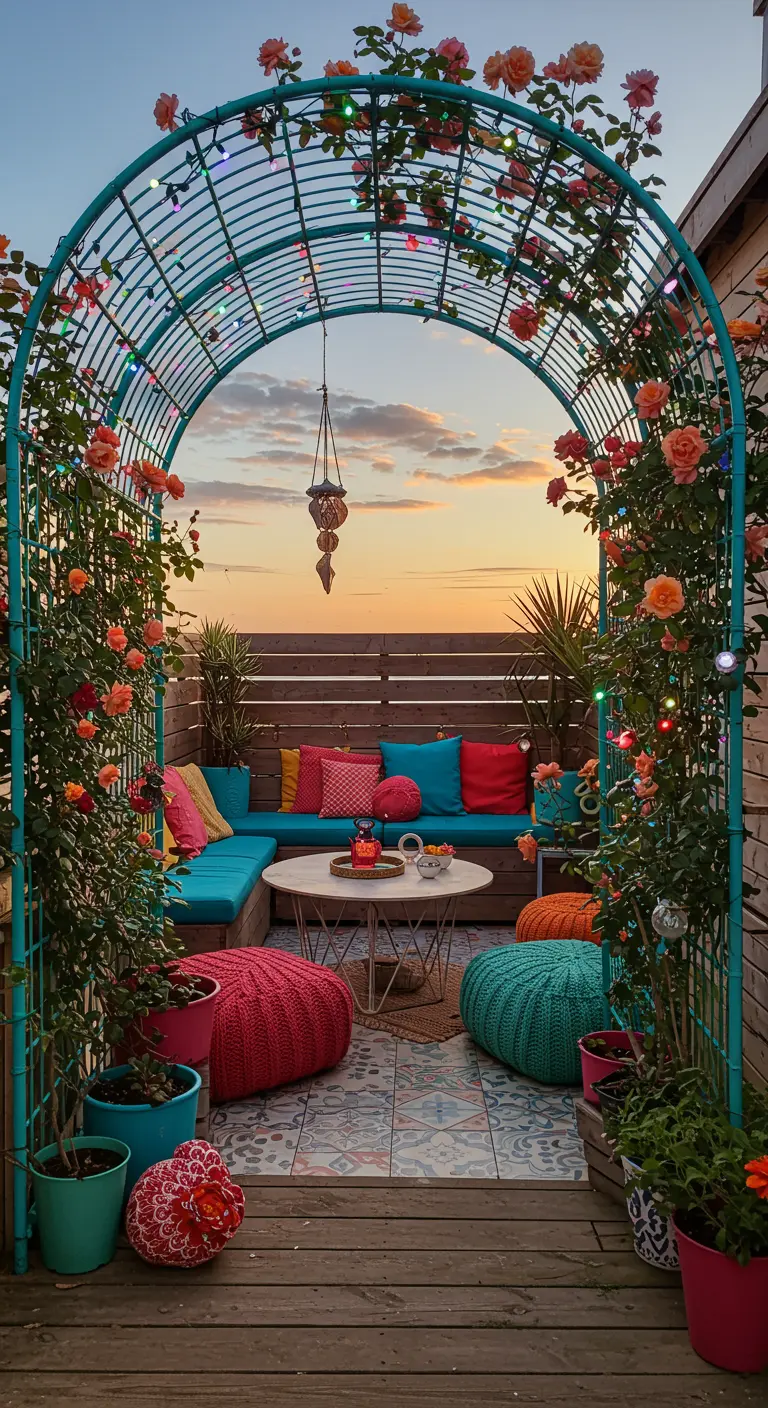 Blue metal arch with orange climbing roses and colorful fairy lights over a vibrant rooftop patio.