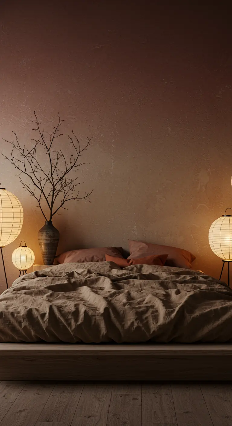 A serene bedroom with a textured dusty rose wall, paper lanterns, and natural elements.