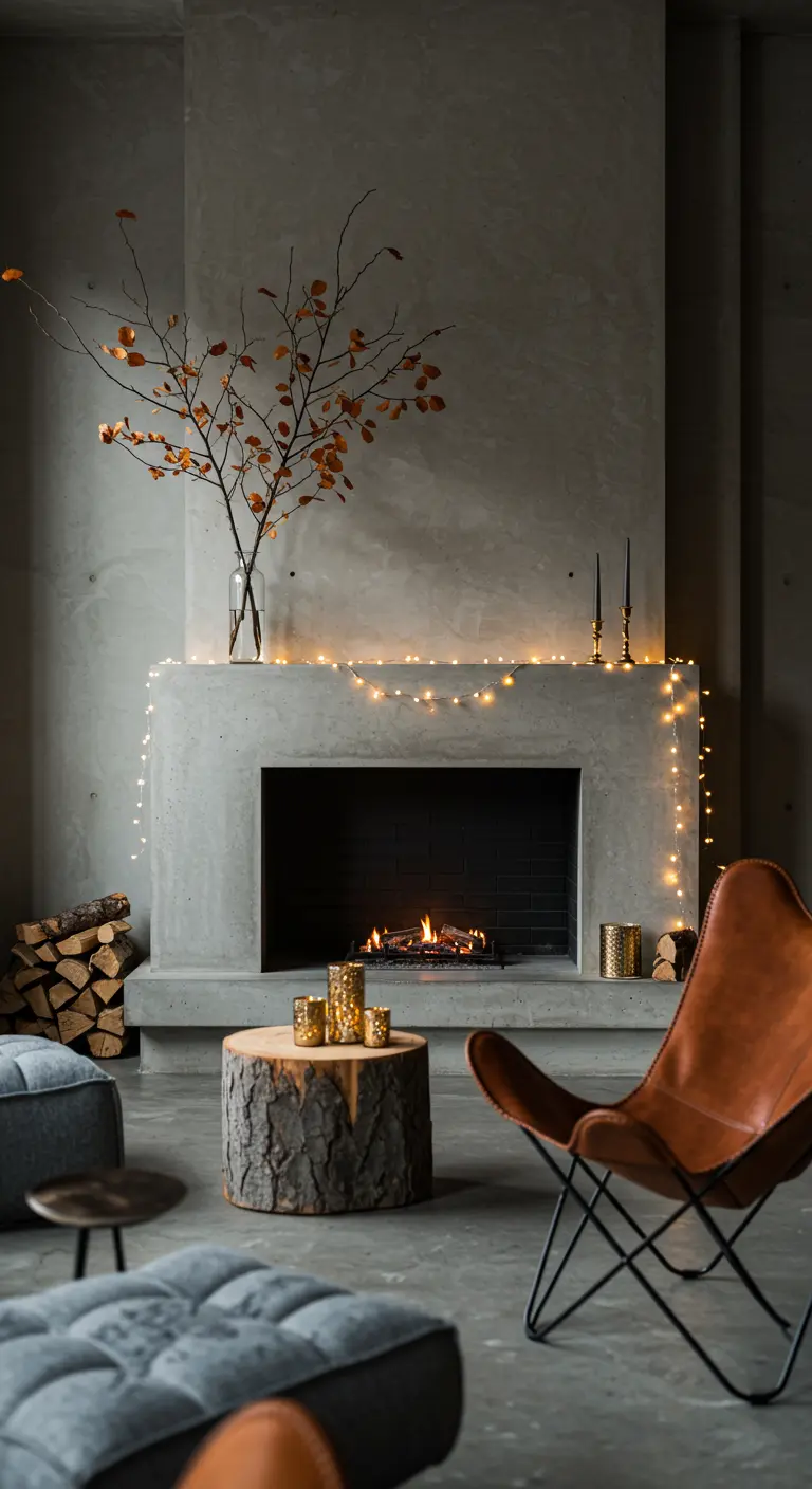 Minimalist concrete fireplace with branches in a vase and a simple string of lights.