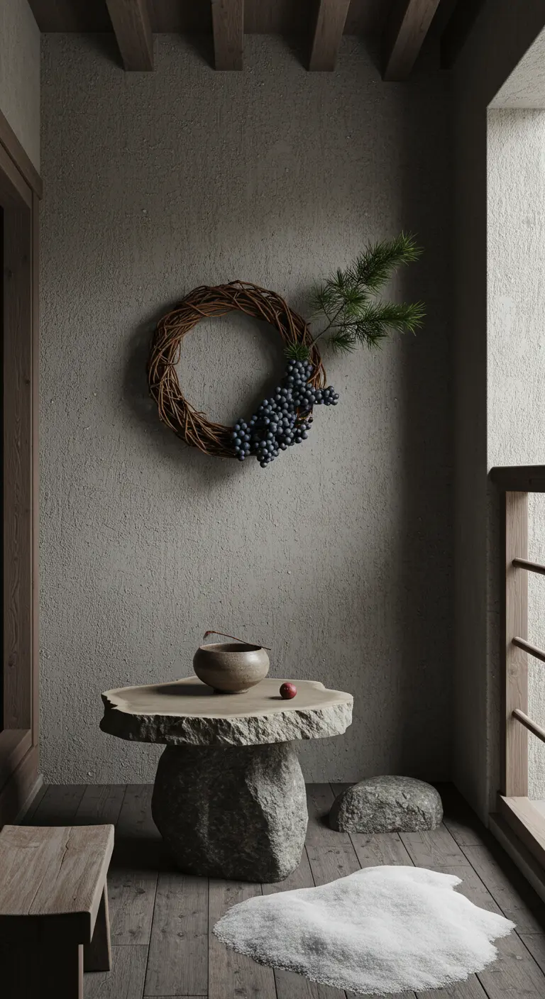 A minimalist balcony with a stone table, twig wreath, and a small pile of snow.