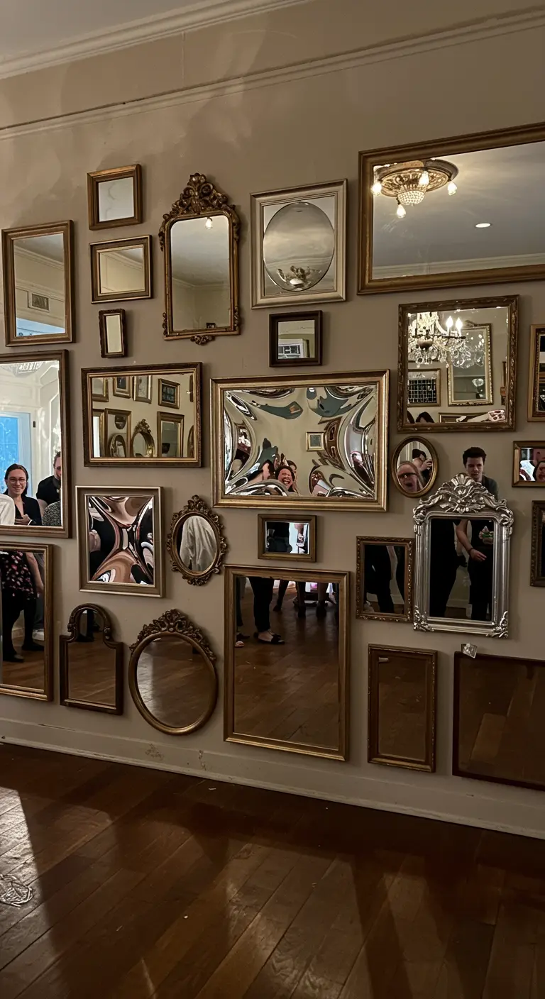 A gallery wall covered in ornate frames with funhouse mirrors reflecting distorted images of guests.