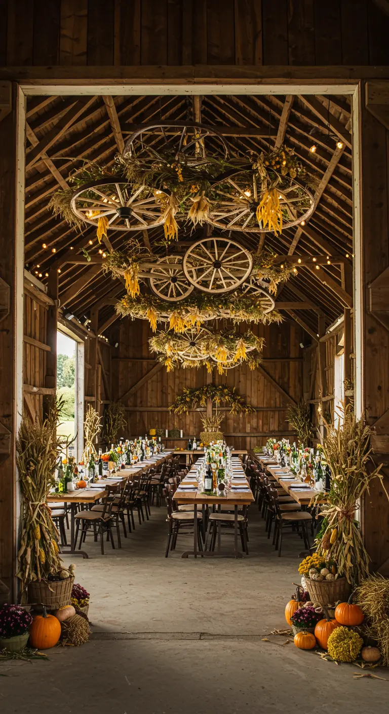 Rustic barn reception with large wagon wheel chandeliers covered in lights and foliage.
