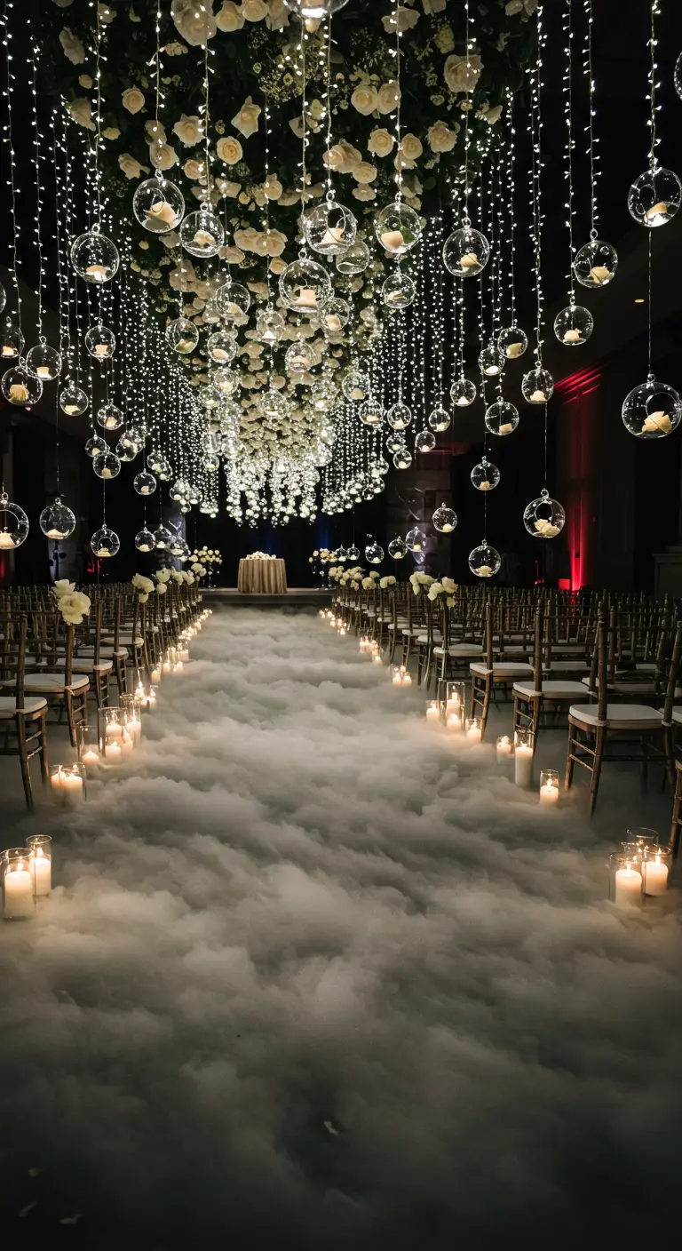 A wedding aisle filled with low-lying fog, candles, and hanging glass orbs with roses.