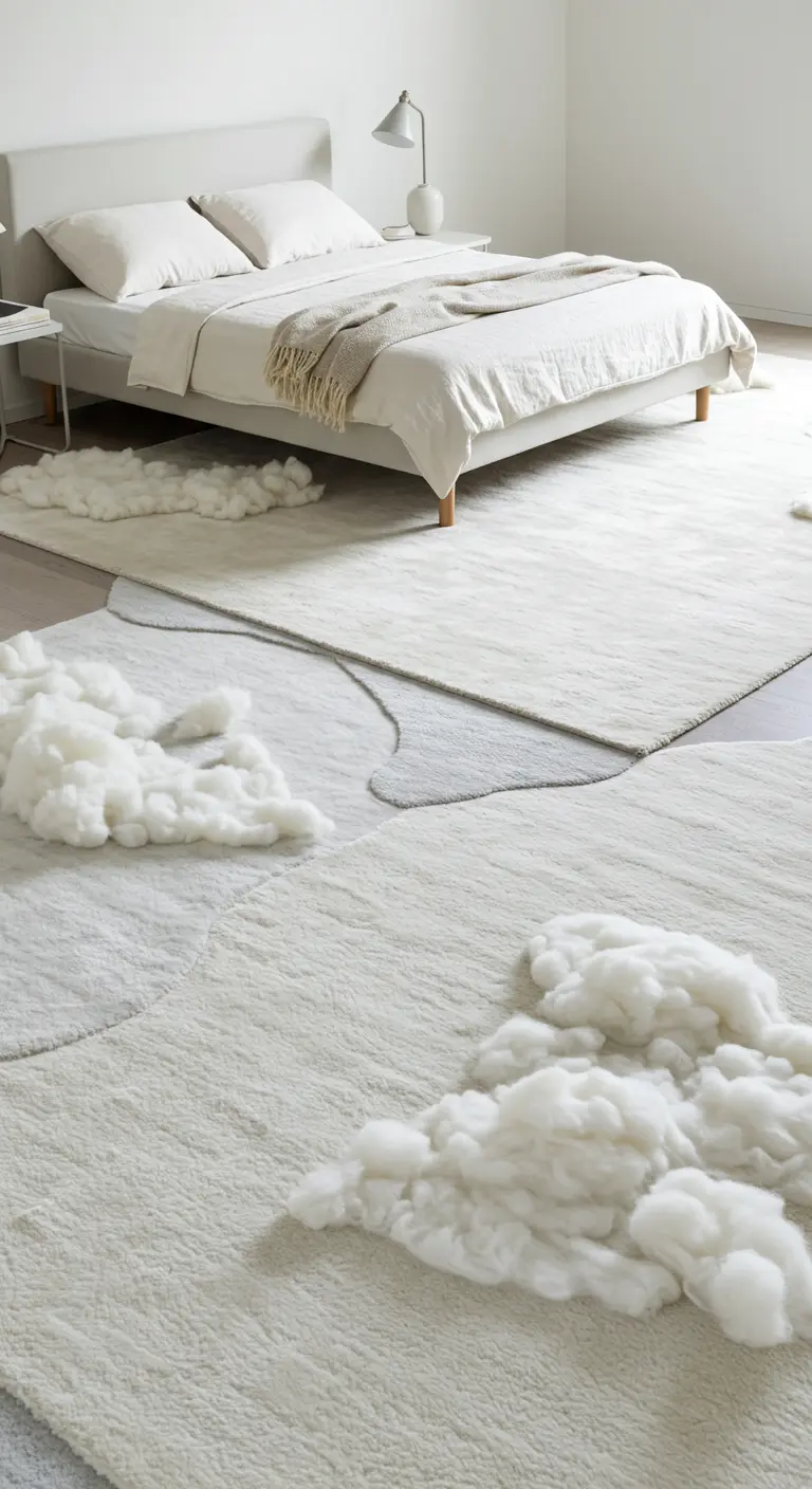 A minimalist bedroom with layered, organically shaped white rugs that look like clouds.