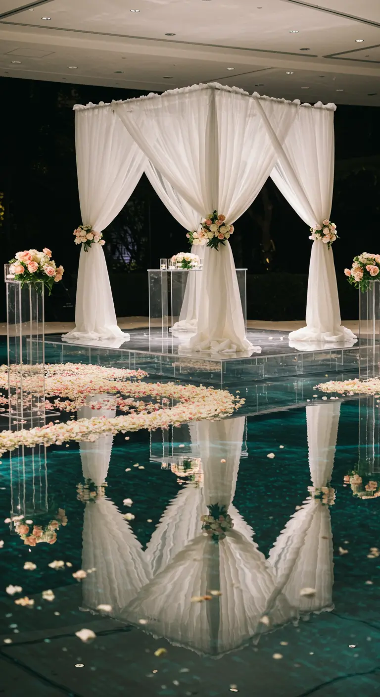 Wedding canopy on an acrylic stage over a pool, with petals floating on the water.