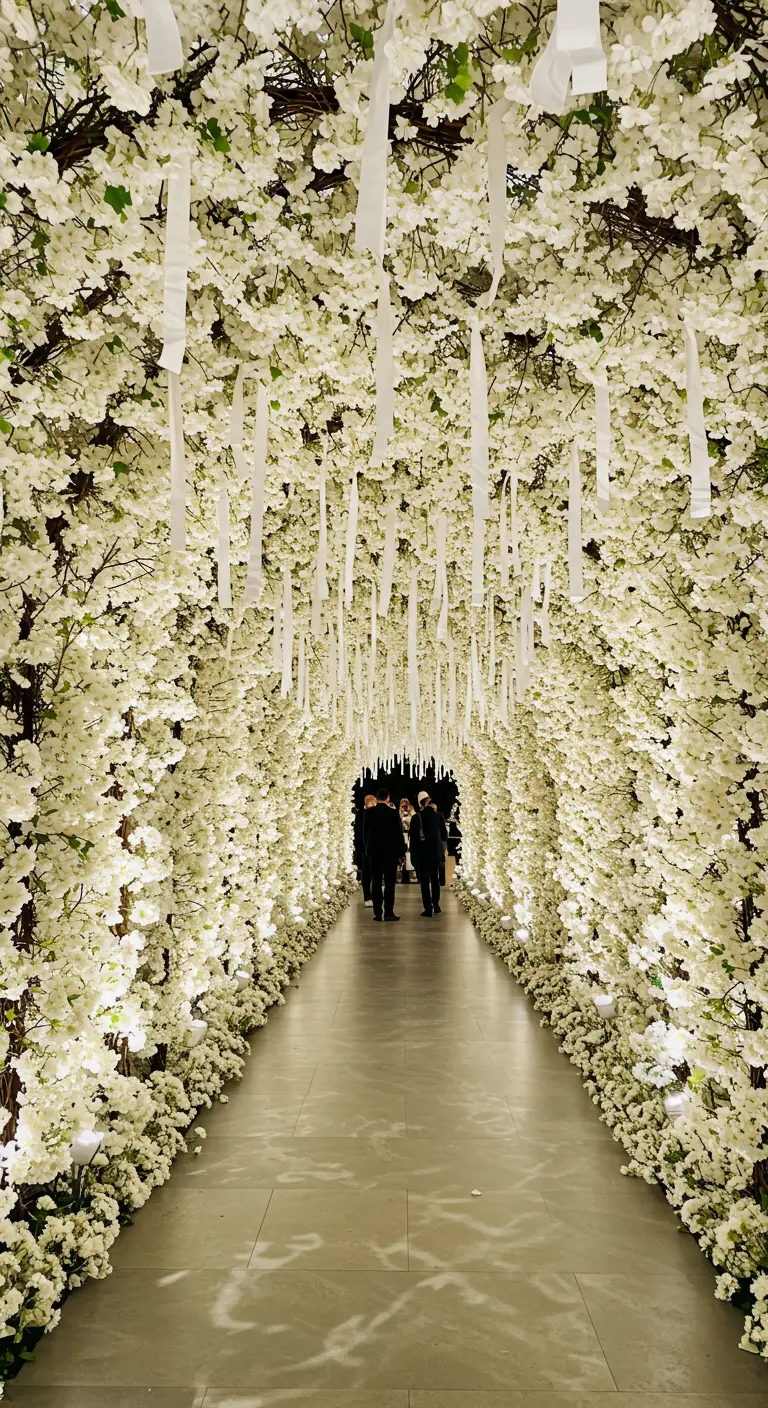 A long tunnel-like hallway completely covered in white blossoms and hanging white ribbons.