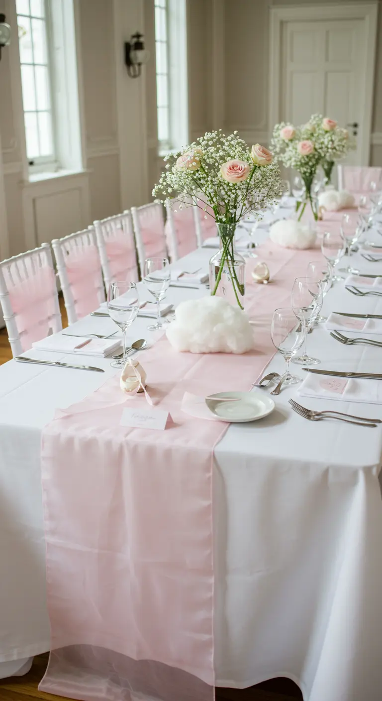 Elegant table with a blush runner and centerpieces made of cotton clouds and flowers.