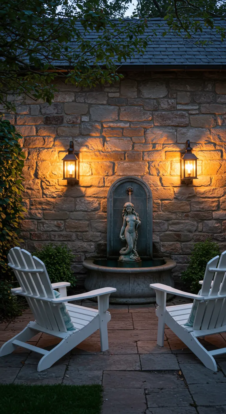 A mermaid wall fountain on a stone wall, flanked by two warm sconces and two Adirondack chairs.