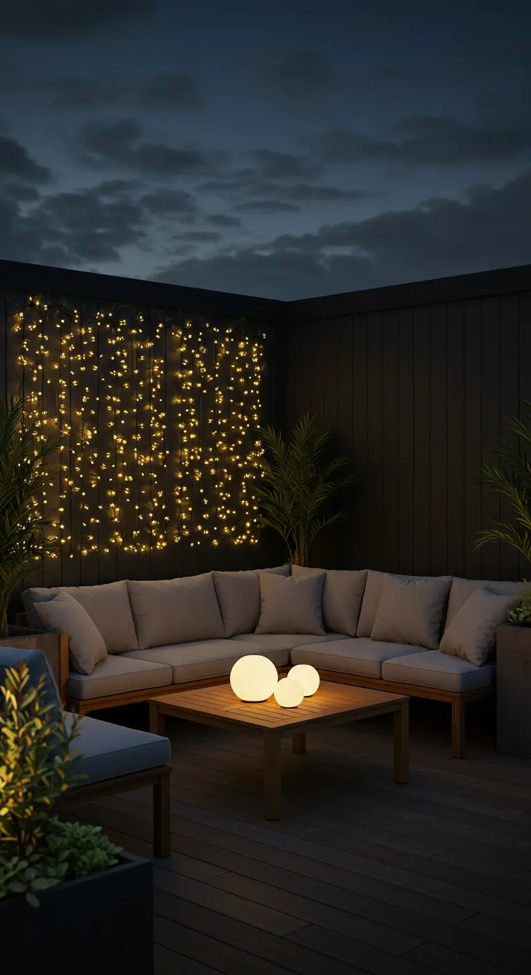 A modern rooftop lounge with a dark wall covered in a curtain of warm fairy lights.
