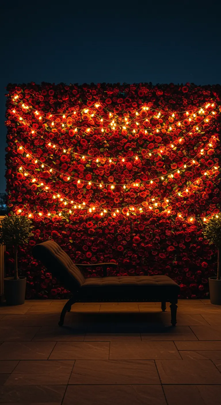 A dramatic, floor-to-ceiling wall of faux red roses lit with swooping strings of globe lights.