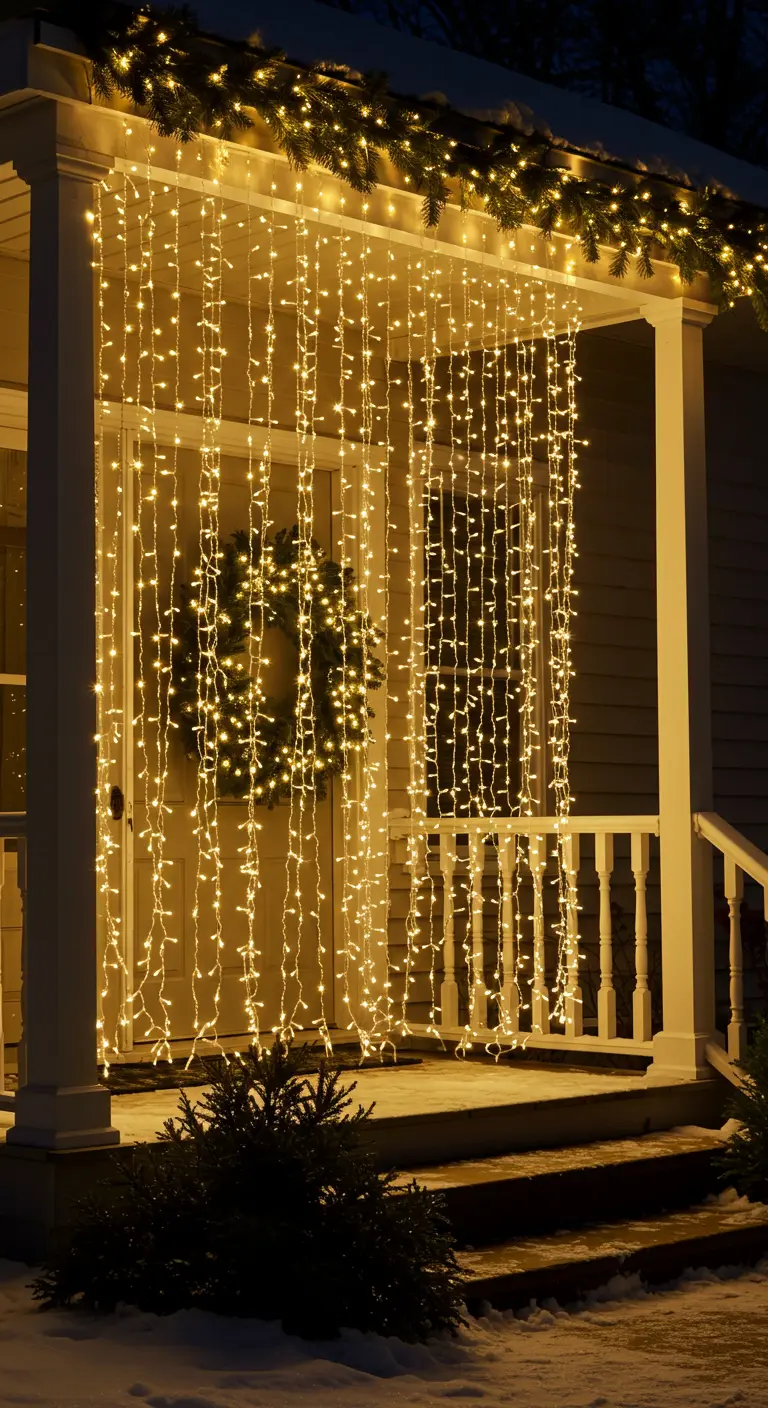 A porch at night featuring a full wall covered in a curtain of warm fairy lights.