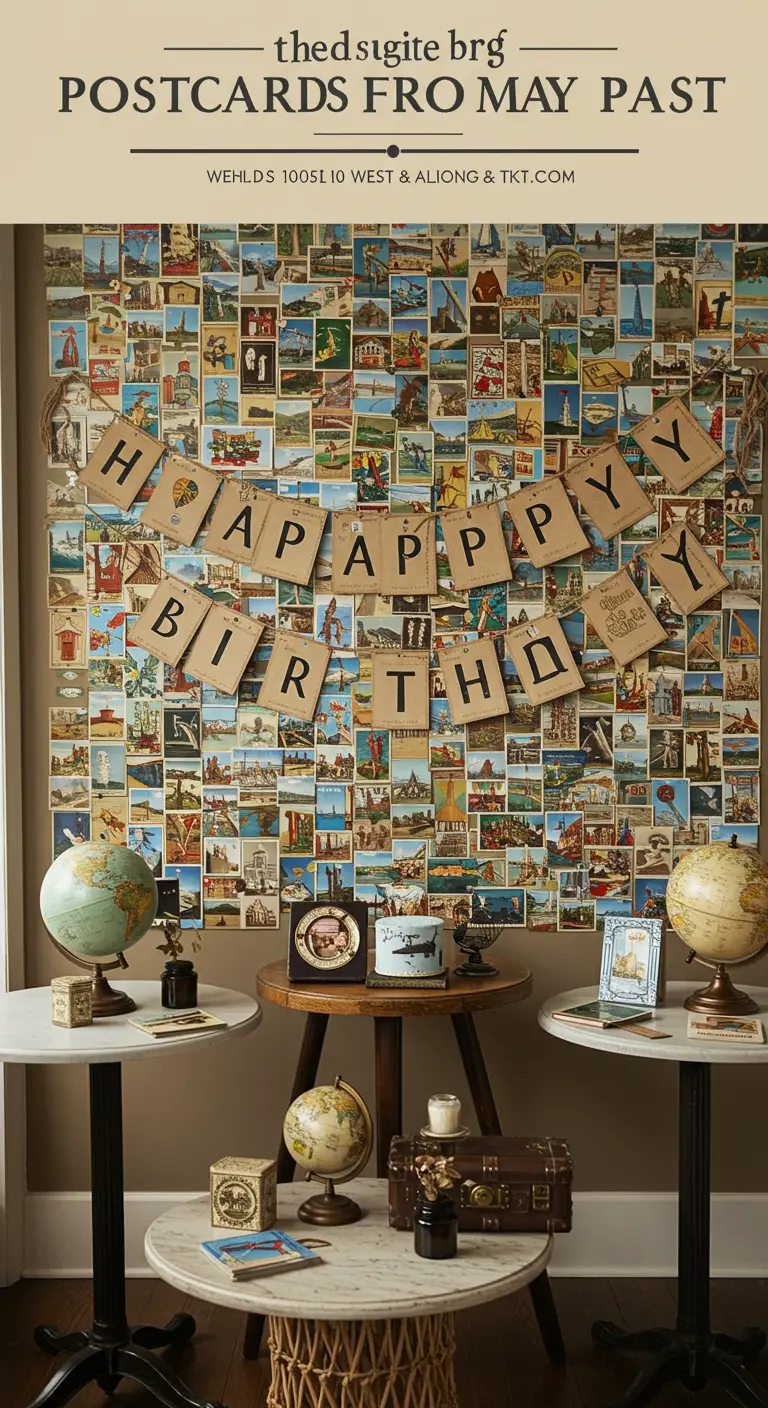 A wall covered in a collage of vintage postcards with a birthday banner.